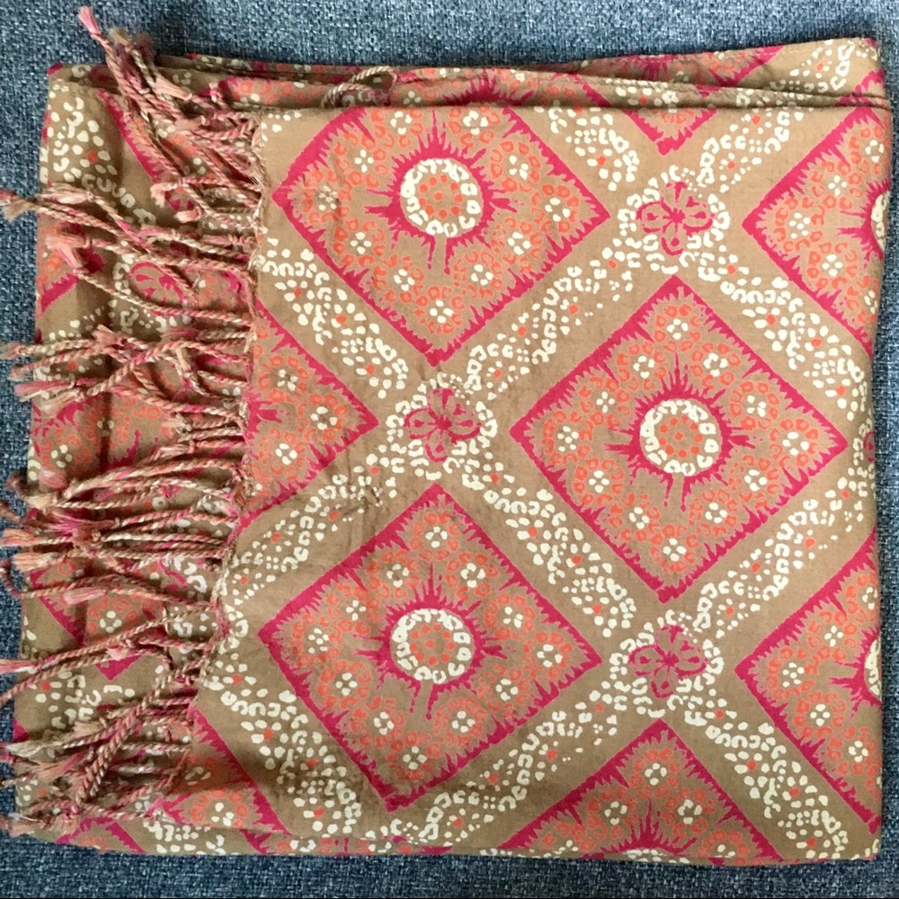 Rectangular Fuchsia Orange Cream Tan Square Sunburst Block Print Fringed Throw
